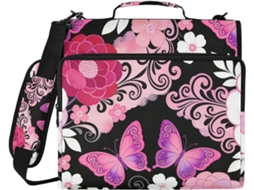 Pasta De Escritório Com 3 Argolas, Estampa Floral Rosa Boêmia Com Borboletas E Alça Inclui Bolso Zíper, Organizador