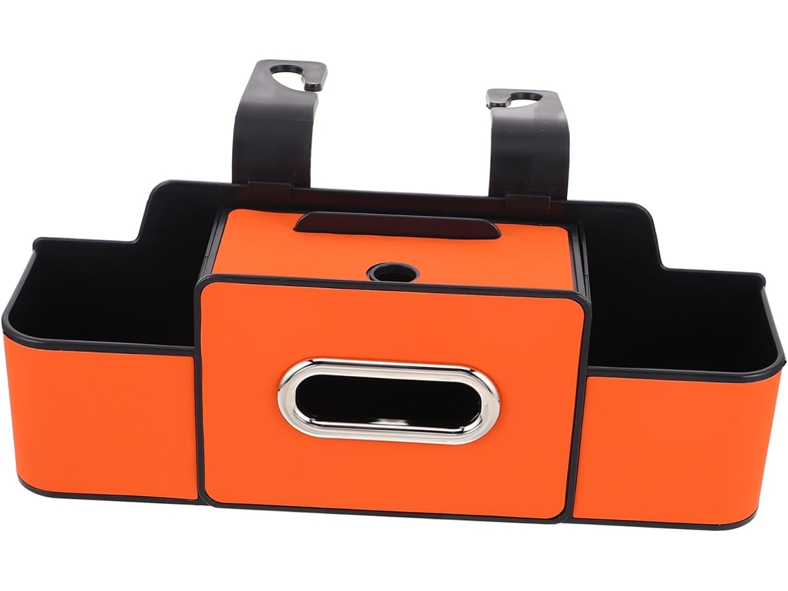 Organizador para banco traseiro de carro com porta-moedas e suporte para lentes.