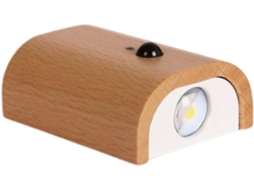 Luminária de parede noturna em Madeira com LED e sensor de movimento.