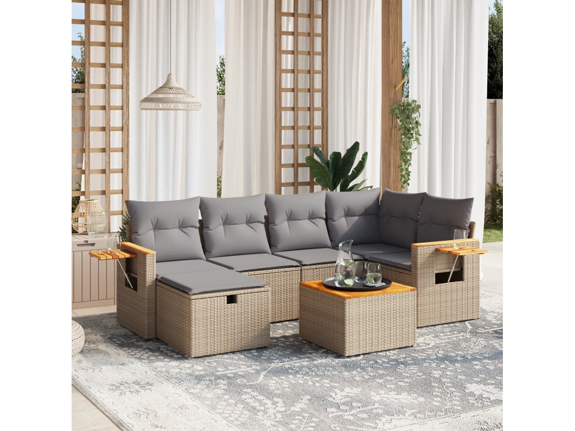 Vidaxl 7 Pcs Conj. Sofás Jardim C/ Almofadões Vime Pe Bege Misturado