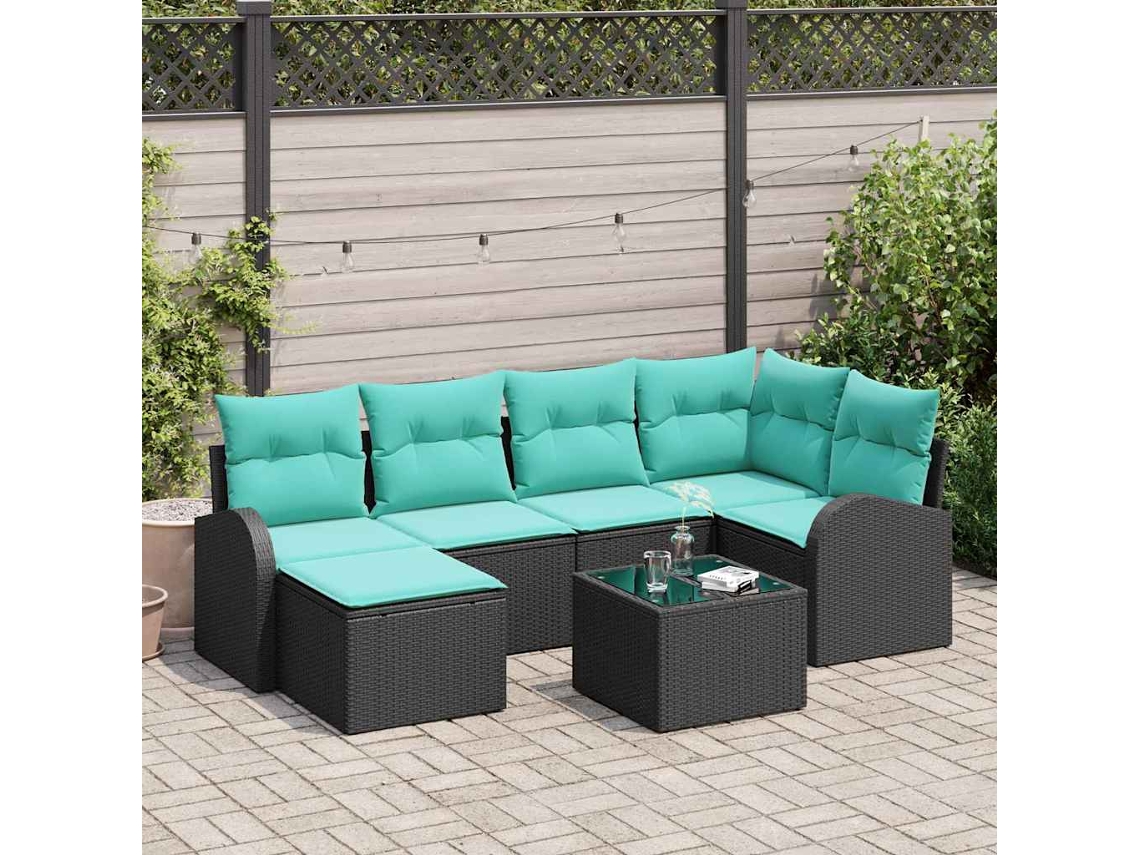 Vidaxl Conjunto De Sofás 7 Unid. Preto E Turquesa Vime Pe