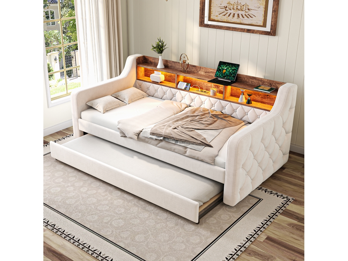 Sofá-cama 90x190cm Veludo, Armazenamento, Led, Usb-c, 12 Ripas, Metal/madeira. -op