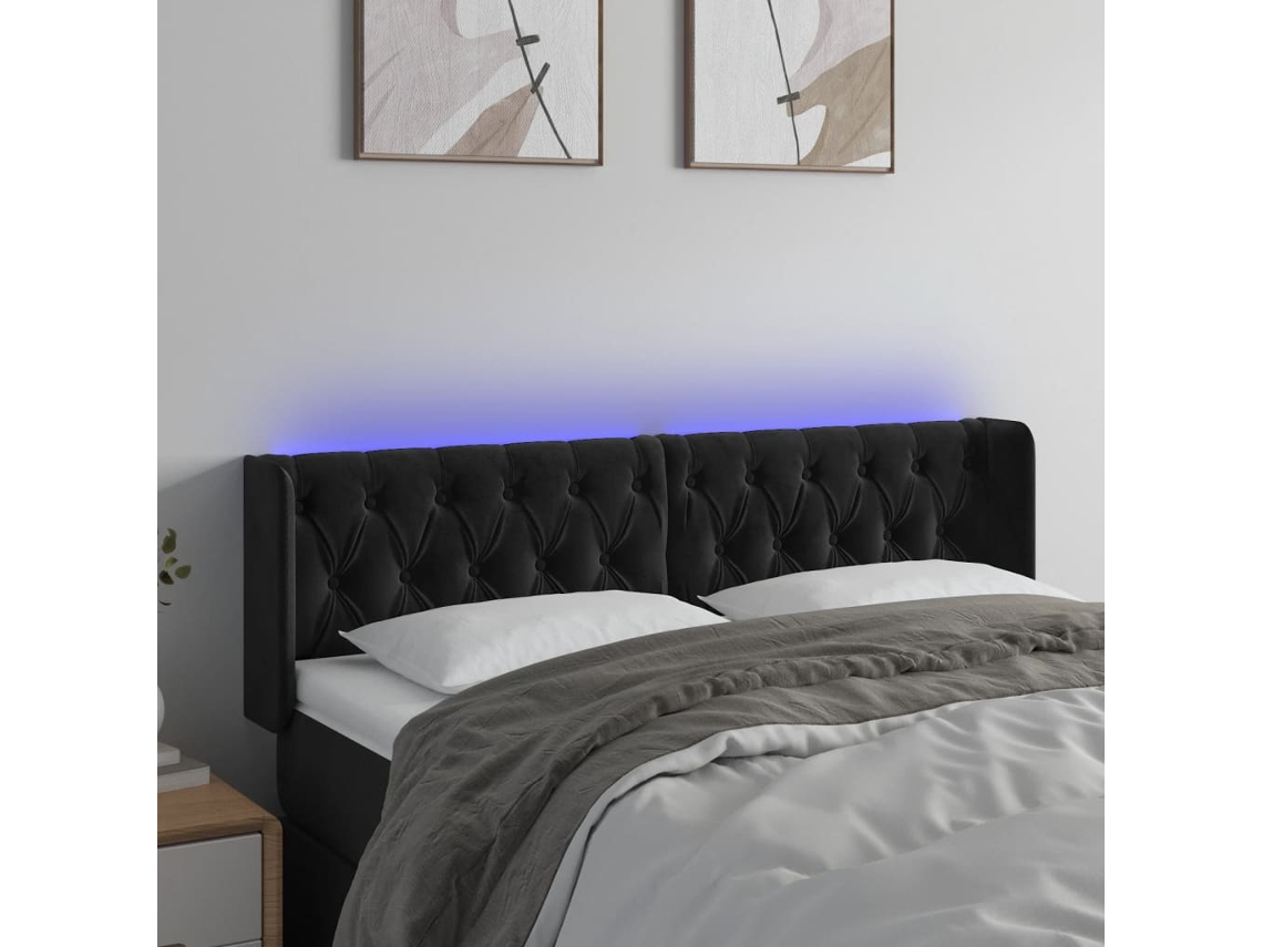 Vidaxl Cabeceira De Cama C/ Luzes Led Veludo 163x16x78/88 Cm Preto