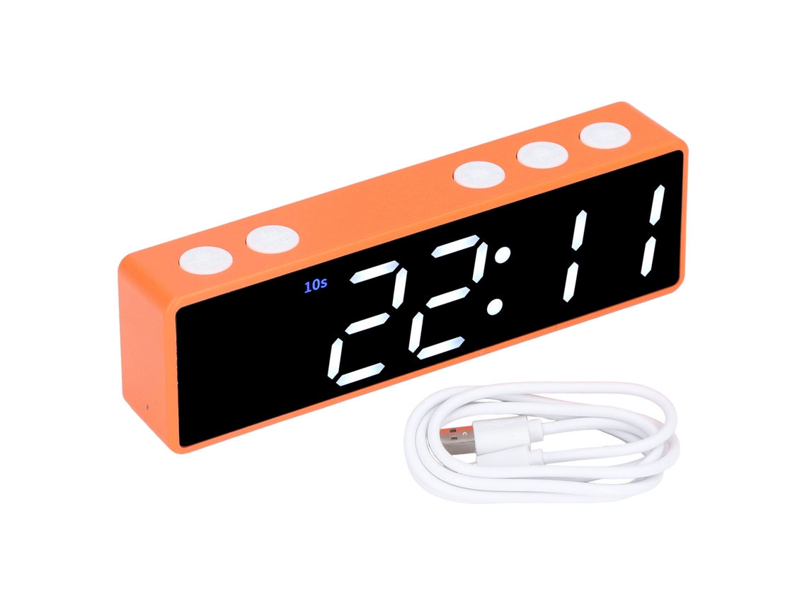 Relógio de treino digital LED Baok-reloj com temporizador multifuncional para ginásio e quarto, moldura laranja, visor verde e branco.
