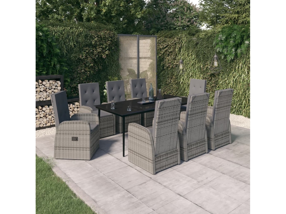 Vidaxl 9 Pcs Conjunto De Jantar Para Jardim Com Almofadões Cinza