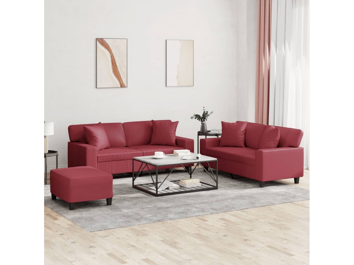 Vidaxl 3 Pcs Conjunto Sofás C/ Almofadas Couro Artif. Vermelho Tinto