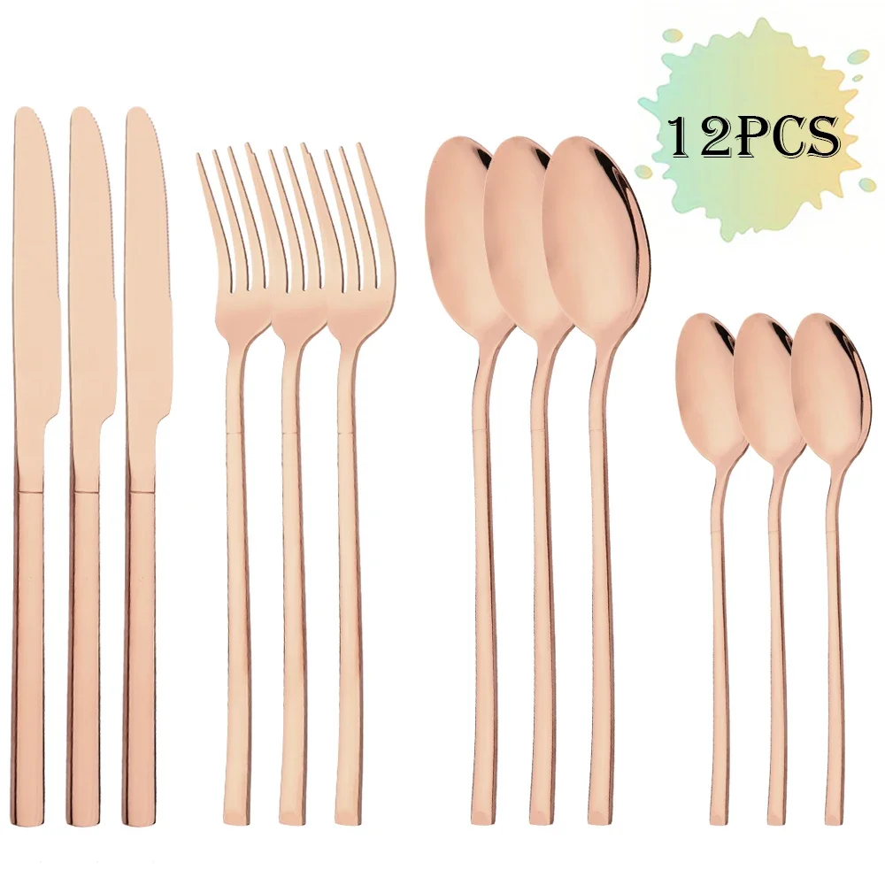 MDUG (conjunto de Talheres de Aço Inoxidável em Tom Ouro Rosa, com 12 Peças, Incluindo Faca, Garfo e Colher de Café)