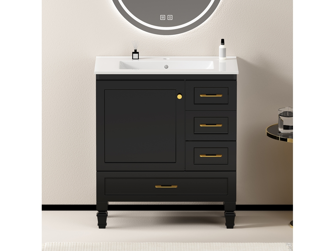 Armário De Banheiro 75cm Preto. Móvel Com Amplo Armazenamento - 1 Porta Com Fecho Suave E 3 Gavetas.