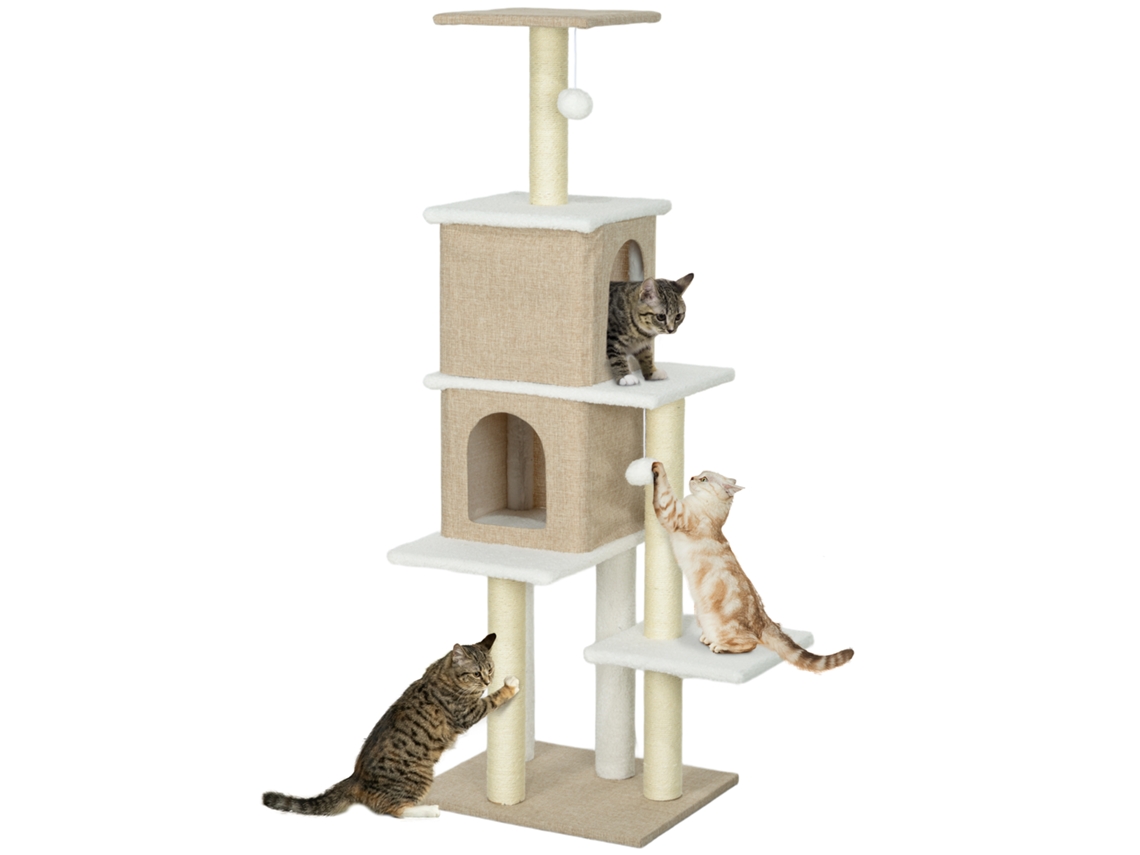 Árvore De Claro 140 Cm Para Arranhar Pele Carneiro Gatos Com 2 Cavernas, Plataformas Penduradas E Poste Sisal Marrom