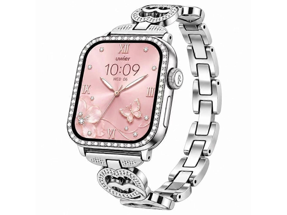 Smartwatch Quadrado De 1,75 Polegadas, Borda Com Strass, Compatível Com Ios E Android, Cor Prata