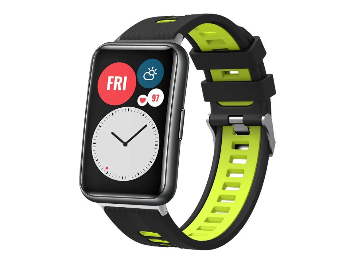 Bracelete para Huawei Watch Fit Silicone Bicolor com Fivela Prateada Preto + Verde XIAOMOYU