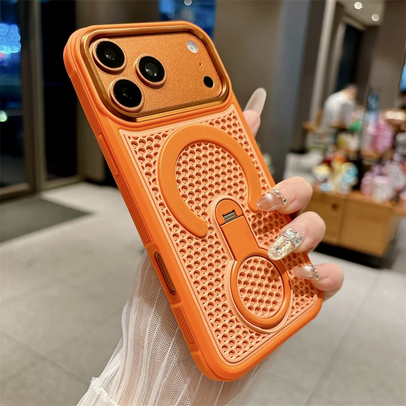 Capa Protetora Magnética Com Suporte De Anel Giratório Para Iphone 16 Plus (laranja) E Dissipação De Calor.