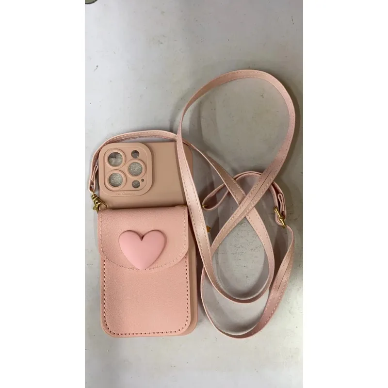 (iphone 12 Pro Max Rosa) Colar Transversal Fofo Com Porta-cartões E Capa Para Celular, Estampa De Coração