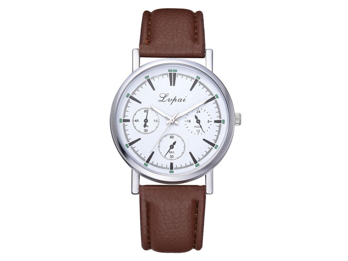 Relógio de pulso masculino de couro PU macio, 6 ponteiros, quartzo marrom.