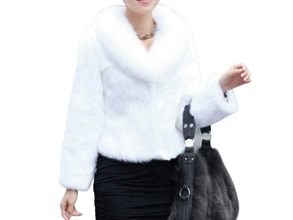 Casaco feminino de inverno 2026 em pele sintética grossa e quente com bolsos, ideal para escritório, festas, coquetéis e viagens.