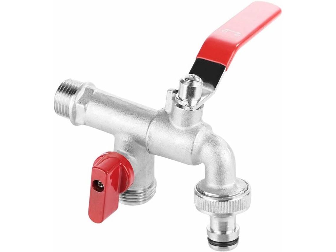 Divisor De Mangueira, Torneira 2 Vias, Rosca Macho 1/2", Torneira Dupla Ângulo Reto Com Botão Vermelho, Conexão Rápida