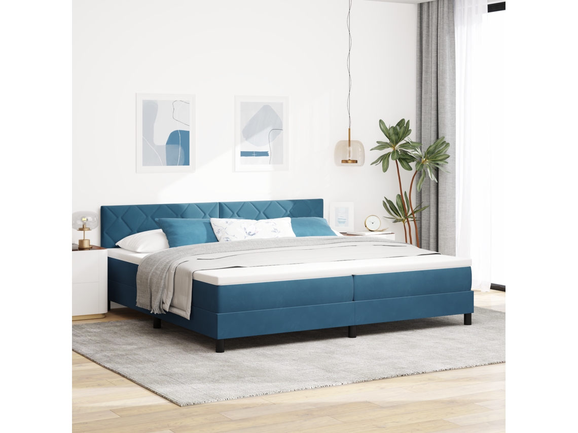 Cama Box Spring Com Colchão Azul Escuro 200x200 Cm Veludo