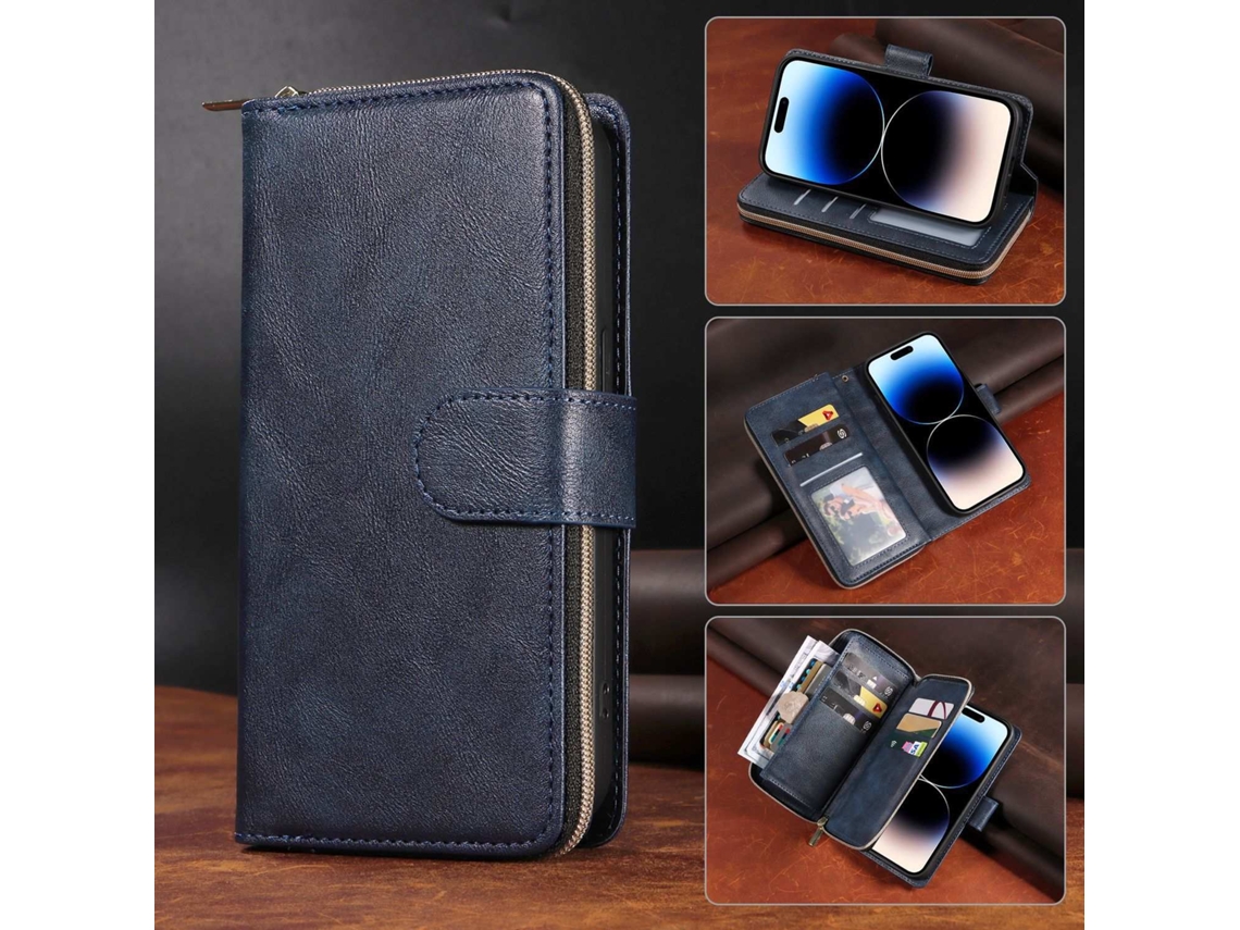 Capa Compatível Com Iphone 13 Mini. Carteira/em Couro Legítimo, Azul Royal Com Zíper E Nove Compartimentos Para Cartão
