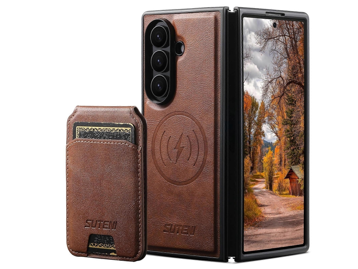 Capa Para Celular Suteni M5 Com Compartimento Magnético Para Cartão Magsafe, Em Couro Com Textura De Vaca, Para Samsung Galaxy Z Fold7 5g.