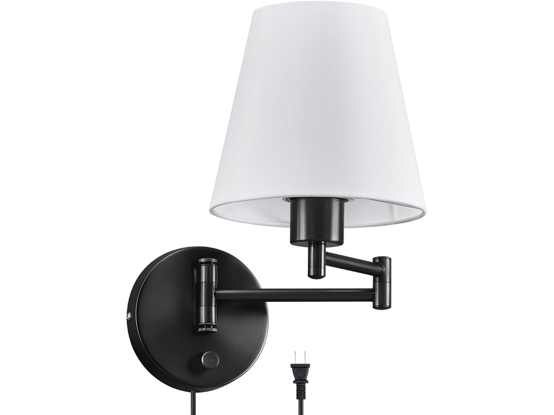 Aplique De Parede Preto Articulado Com Cabo E Cúpula De Tecido Branco