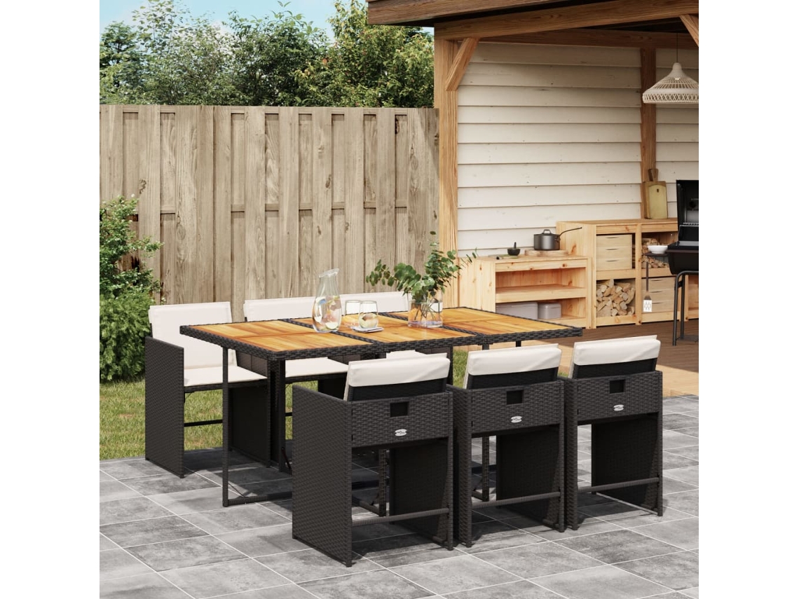 Vidaxl 7 Pcs Conjunto De Jantar P/ Jardim C/ Almofadões Vime Pe Preto
