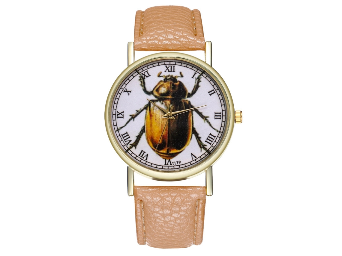 Relógio de Pulso de Quartzo Unisex com Pulseira Pu e Padrão de Insetos Bege