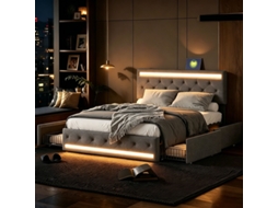Cama De Casal 160x200 Com Estrado De Ripas Com Led E Usb, Cabeceira E 4 Gavetas, Estofada.