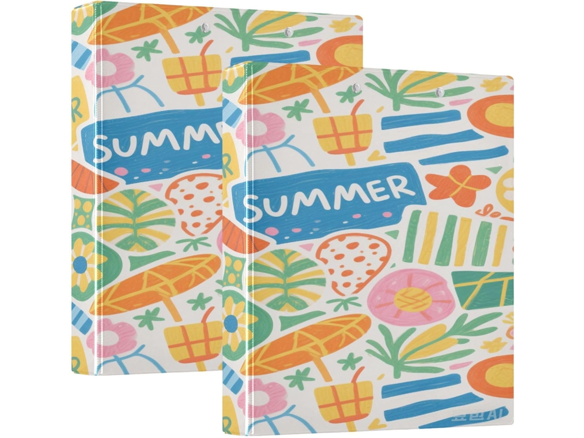 Pasta De Escritório Com Argolas Redondas 1 2 Polegada, Estampas Coloridas De Desenhos Animados Verão, Com Bolso