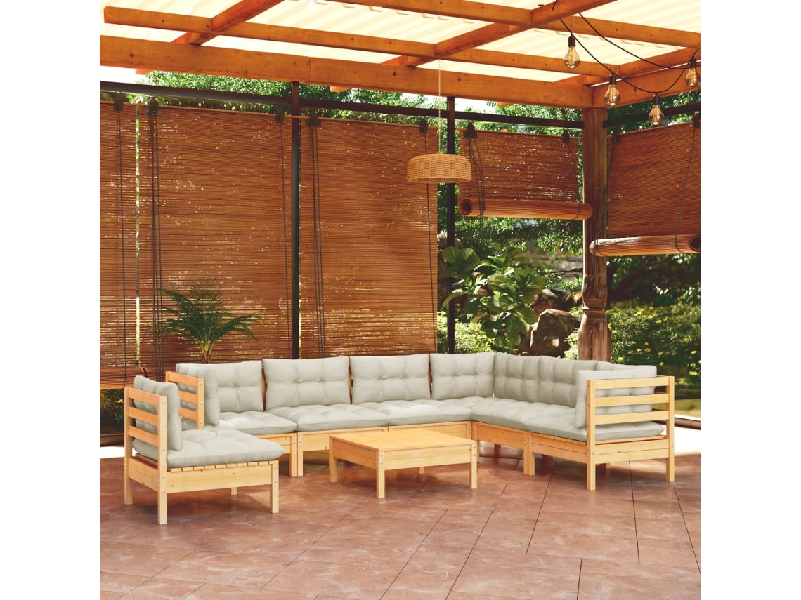 Vidaxl 8 Pcs Conjunto Lounge Jardim C/ Almofadões Creme Pinho Maciço
