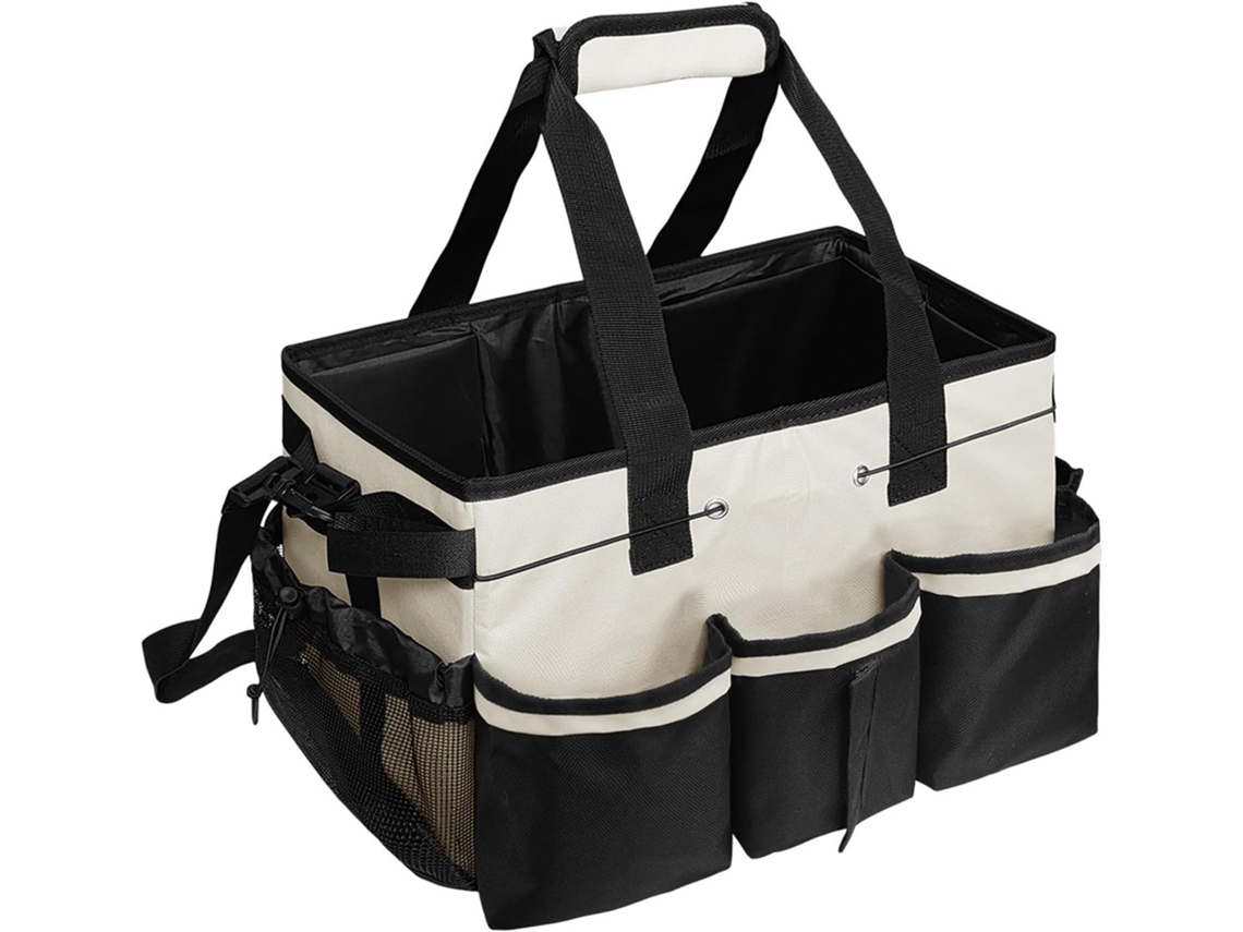 Bolsa organizadora para equipamentos de limpeza com divisórias internas resistentes à água para armazenamento organizado.