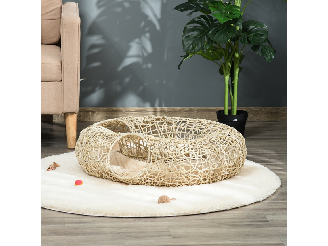 Cama De Vime Pe 78x69x22cm Leito P/ Com Almofada Suave 3 Orifícios Acesso E Canal Em Forma Anel Natural