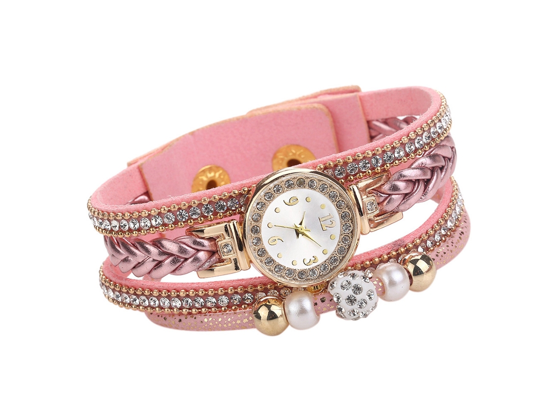 Relógio de Pulso Feminino Multicamadas com Strass Pulseira de Corda Tecida Quartzo Rosa