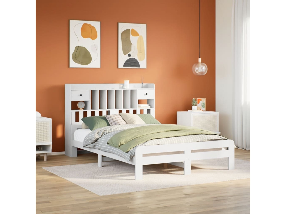 Vidaxl Cama Com Estante Sem Colchão 140x200 Cm Pinho Maciço Branco