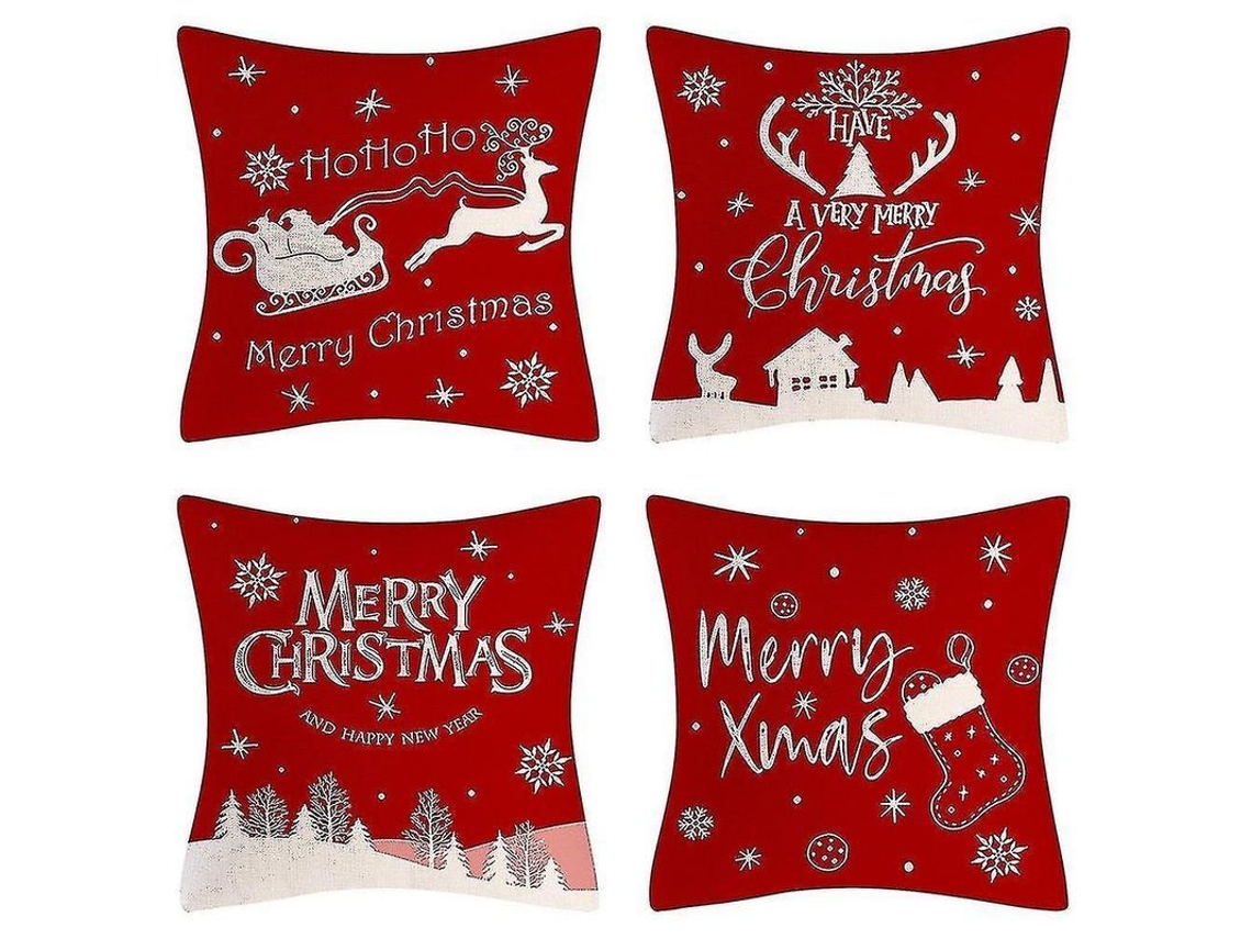 Fundas De Almohadas Navideñas 4 Pack 45x45cm De Lino Algodón Para Decoración Hogar