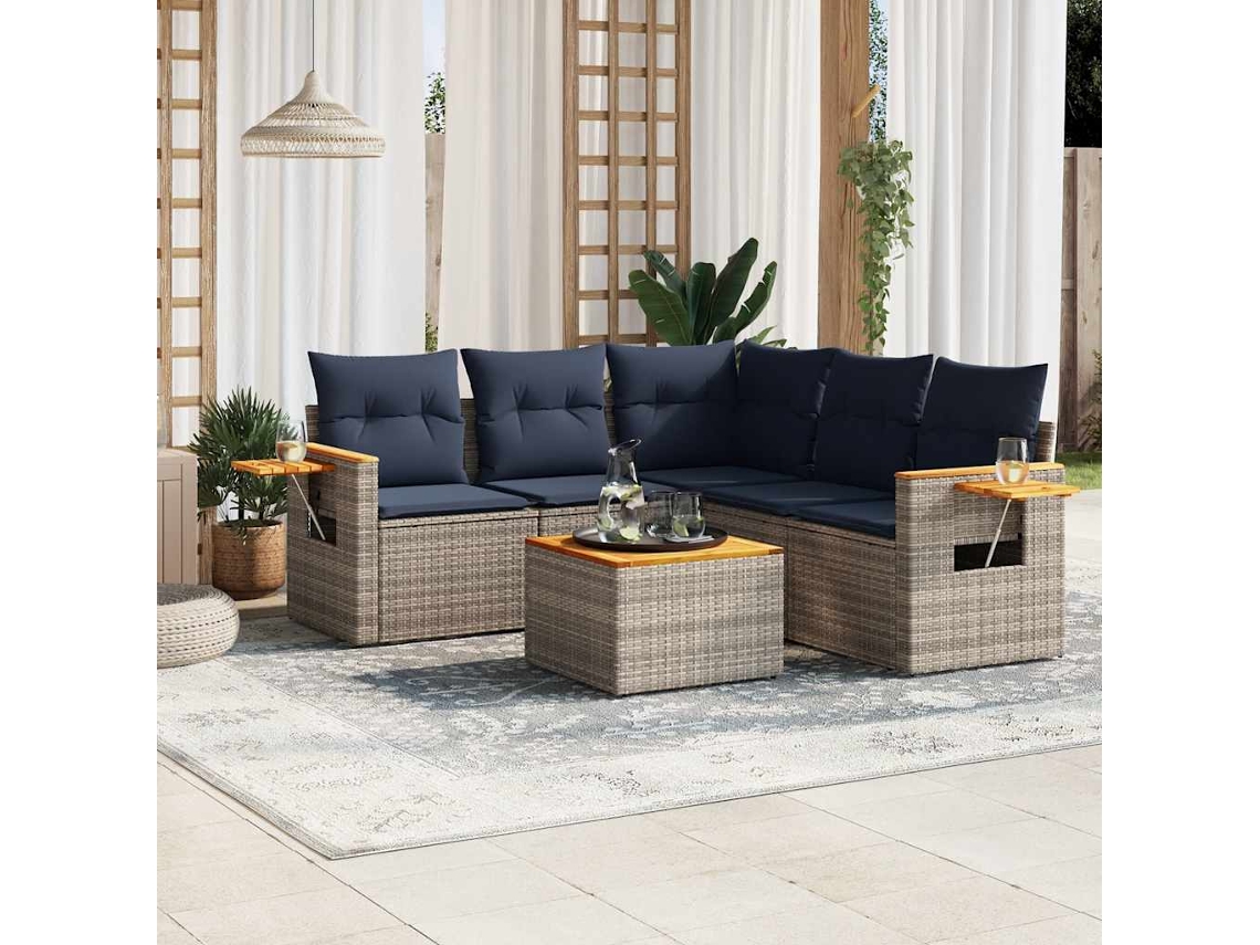 Vidaxl 6 Pcs Conjunto Sofás P/ Jardim C/ Almofadões Vime Pe Cinzento