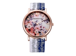 Relógio de Pulso Feminino de Quartzo com Padrão Floral e Cinto de Náilon Azul Rebirth