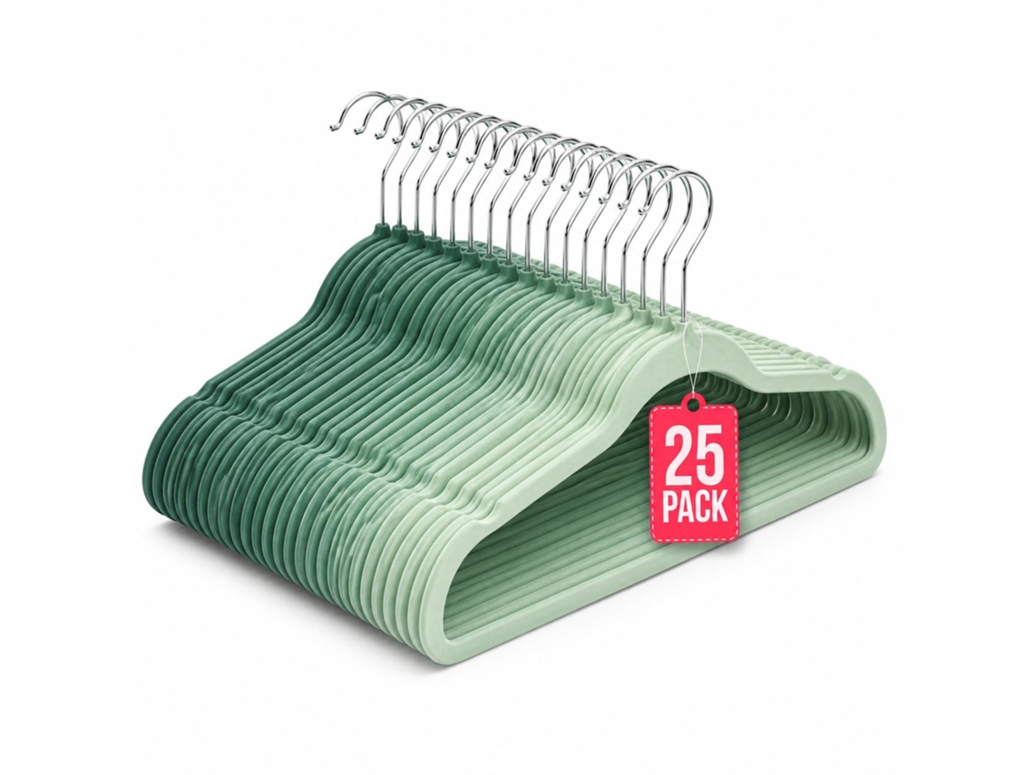 Cabides de Veludo Antiderrapantes Pack 25 Tons Verde com gancho 360° COM-FORT HOUSE