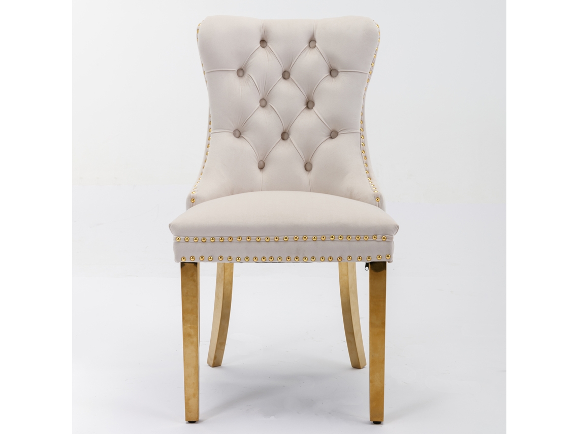 Conjunto de 2 Cadeiras de Jantar Modernas Nikki Aa Furniture em Madeira Maciça com Veludo e Pés em Aço Inox Dourado,bege e Dourado PAPRIKA
