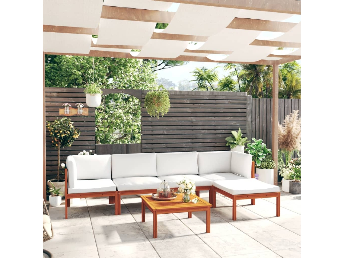 Vidaxl Conjunto De Lounge De Jardim Vidaxl Com 6 Peças E Almofadas Em Madeira De Acácia Creme E Corda