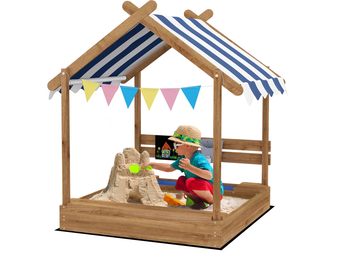 Caixa de Areia S/MARCA com proteção solar, brinquedos, madeira tratada, 124x116x146cm, marrom