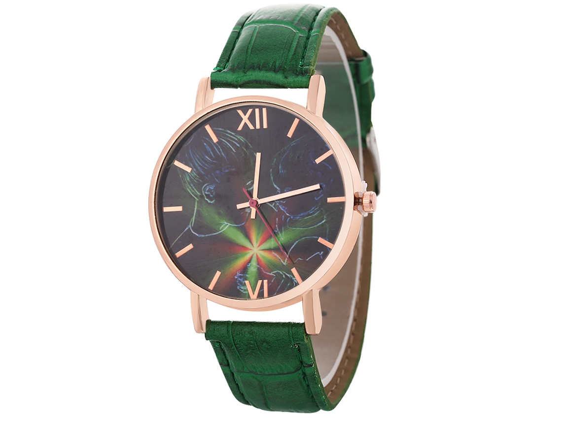 Reloj De Cuarzo Con Correa De Cuero Pu Fashon Dial Redondo Para Parejas (verde)
