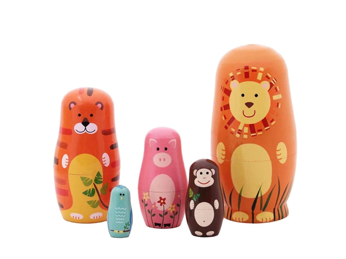 5pcs Bonecas Russian De Animais Cute Padrão Cartoon Presentes Decoração Casa 15cm Madeira
