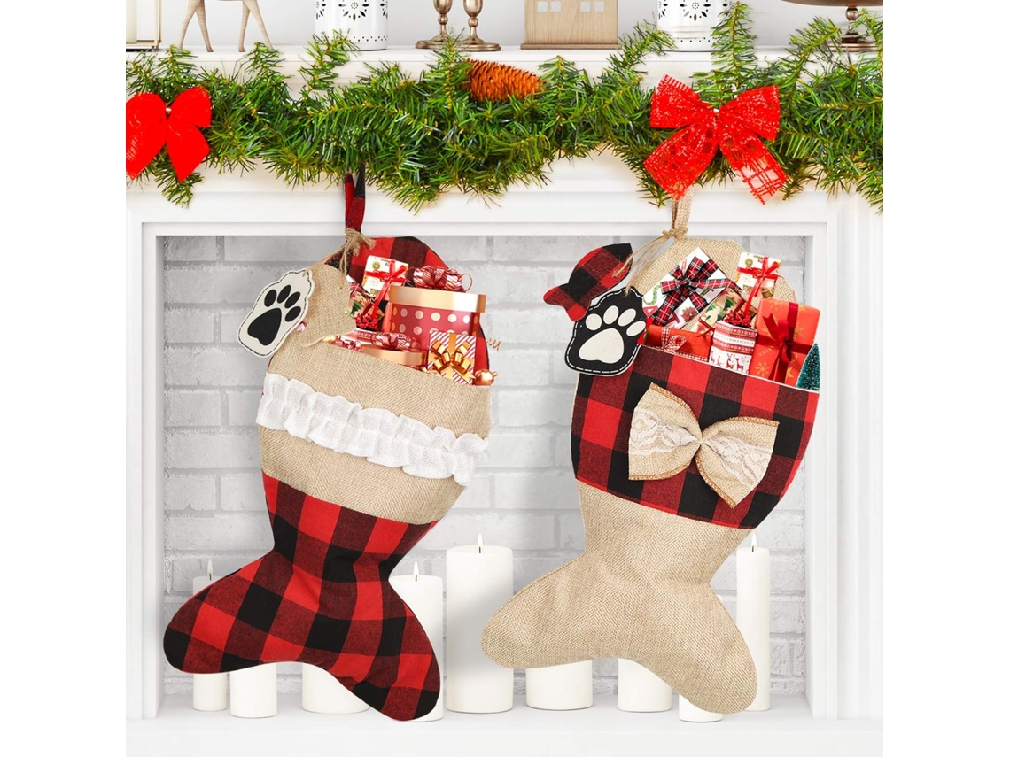 Meia De Natal De Pet Personalizada, Grande Decorativo Burlap Red Black Buffalo Plaid Suspendido Para Lareira, Forte Atmosfera Festiva, Fácil De Cuidar