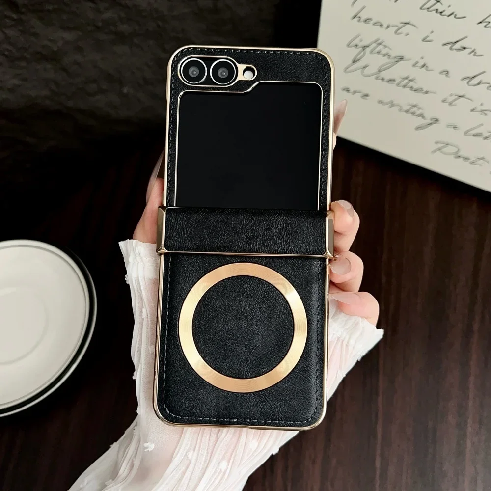 (preto, Galaxy Z Flip7) Capa Protetora Magnética Em Couro Eletrogalvanizado, Com Estrutura E Dobradiça À Prova De Choque.