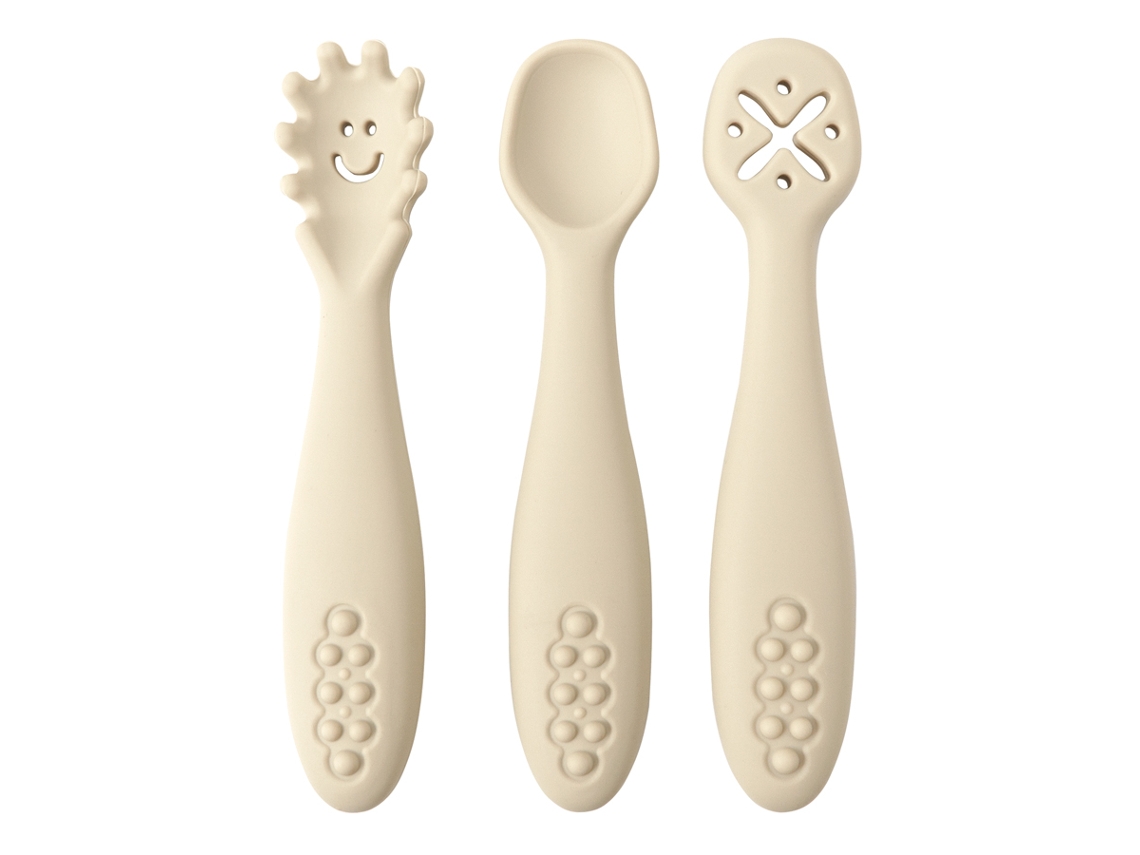 Conjunto De Talheres De Silicone Para Bebê (cor De Praia) Com 3 Peças, Incluindo Uma Colher E Um Garfo Macios.