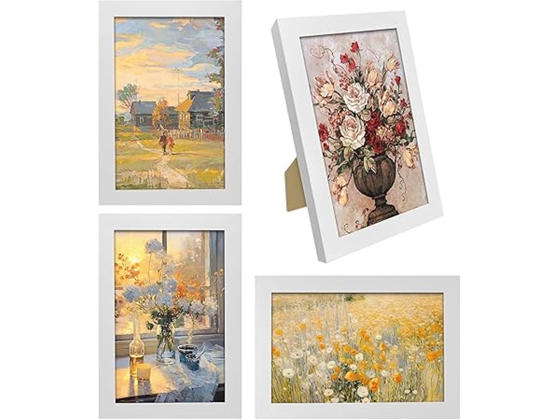4 Molduras de Madeira com 10 X 15 Cm, Vidro Acrílico Inquebrável, para Decoração de Paredes, Ergonômico, Uso Diário STELASPLEN