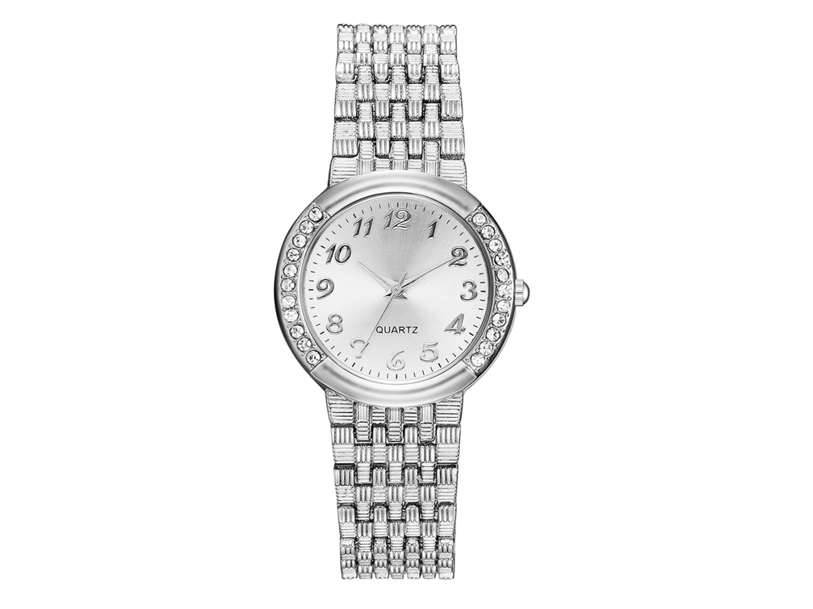 Relógio Analógico de Quartzo Feminino Casual com Pulseira de Liga e Mostrador Strass (prata)