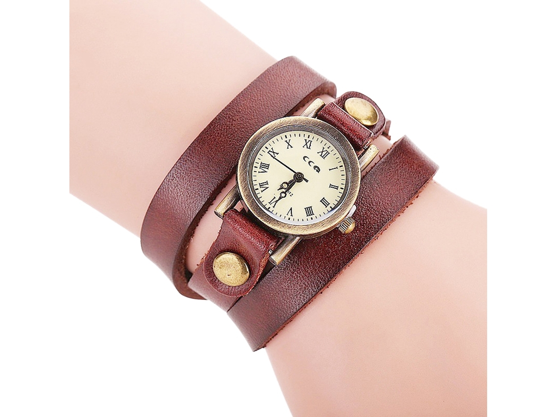Relógio Pulseira Feminino Estilo Punk Multicamada Liga Quartzo Marrom Escuro