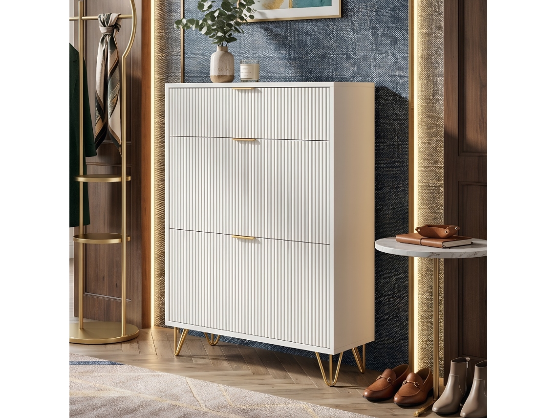 Lazyspace Sapateira De 2 Portas Com Prateleira Superior | Armário De Sapatos Branco Com Design Ondulado 3d E Pés Dourados