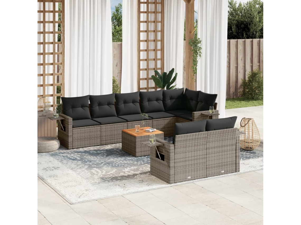 Vidaxl 9 Pcs Conjunto Sofás P/ Jardim Com Almofadões Vime Pe Cinzento